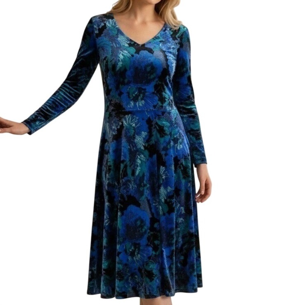 Isaac Mizrahi Live! Velvet Dress Women XS Blue Floral V-Neck 3/4 Sleeve Flare